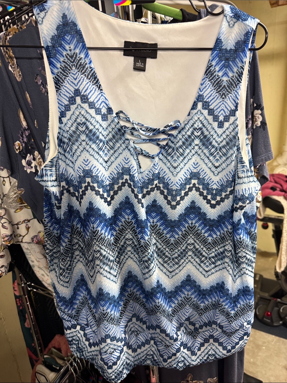 AB Studio Blue and White Chevron Lace-Up Tank Top